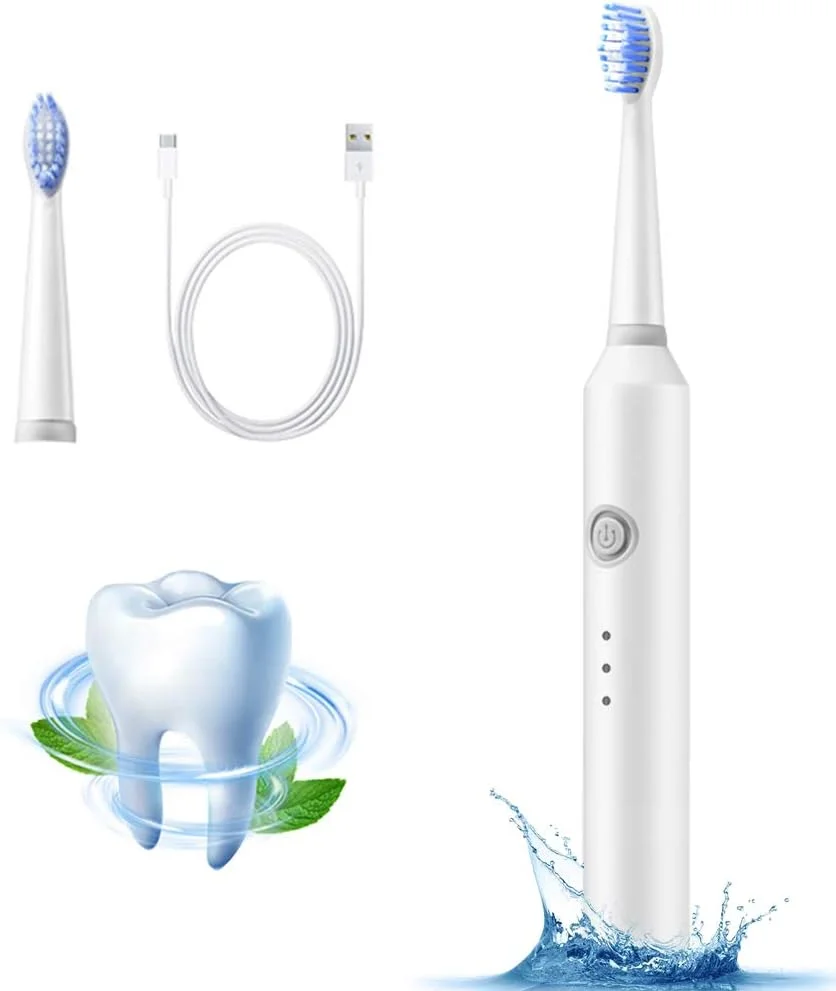 مسواک برقی صوتی، تمیز کننده صوتی با شارژ سریع USB، 4 حالت با تایمر هوشمند، 2 سر برس، توصیه شده توسط دندانپزشکان برای بزرگسالان، سفید