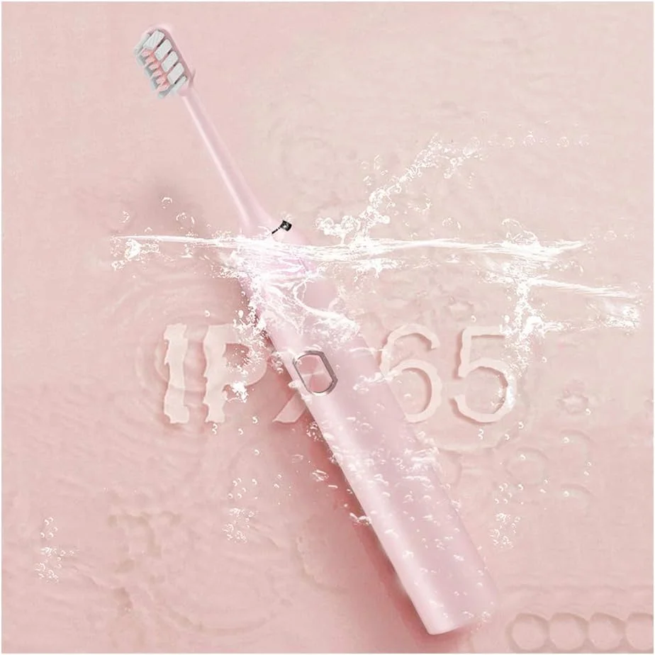 مسواک برقی صوتی سفید کننده با 4 سری جایگزین، 5 حالت تمیز کردن و 1 کیف مسافرتی، شارژ سریع USB، 60 روز استفاده، تایمر هوشمند، ضد آب، صورتی