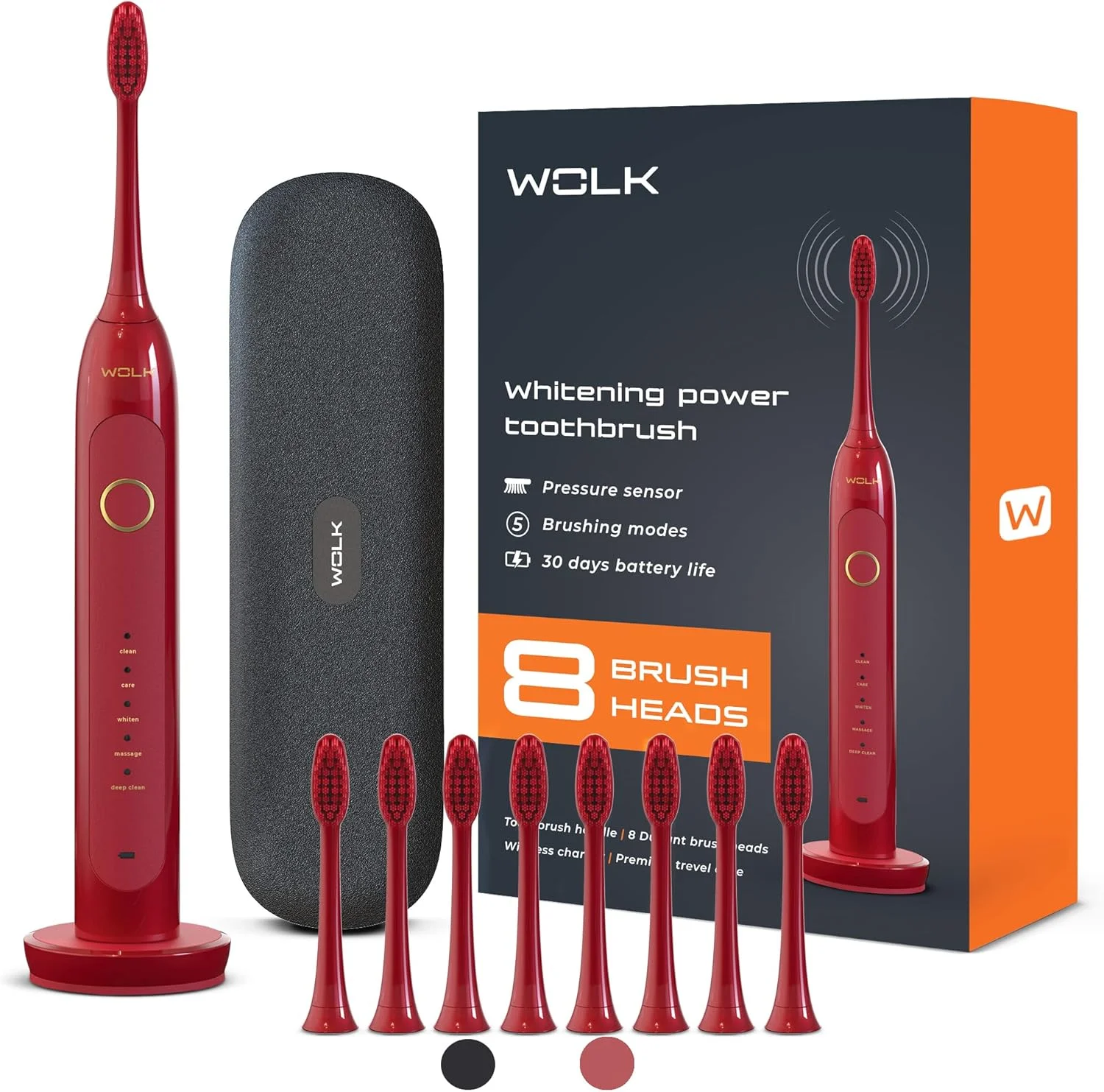 مسواک برقی سفید کننده فوق العاده WOLK T6421 با حسگر فشار و 5 حالت مسواک زدن، 8 سر برس Dupont، کیف مسافرتی عالی، قابل شارژ، رنگ عنابی