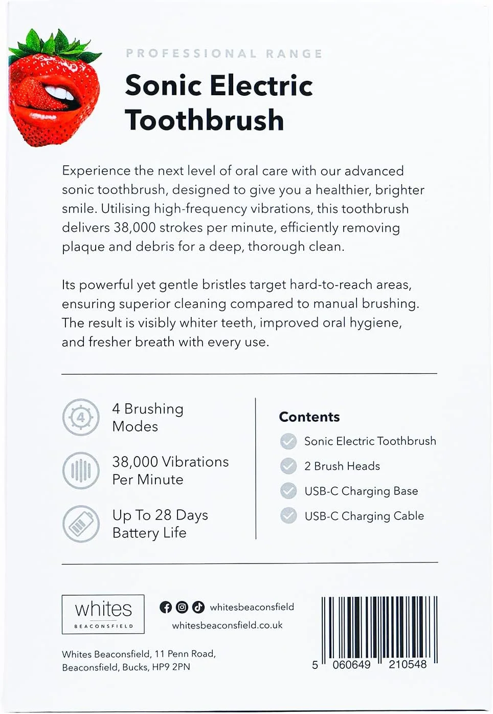 مسواک برقی LED Sonic Beaconsfield Whites: سفید کننده پیشرفته دندان با فناوری نور آبی، 4 حالت تمیز کردن، طراحی ضد آب، شامل 2 سری جایگزین، شارژ USB