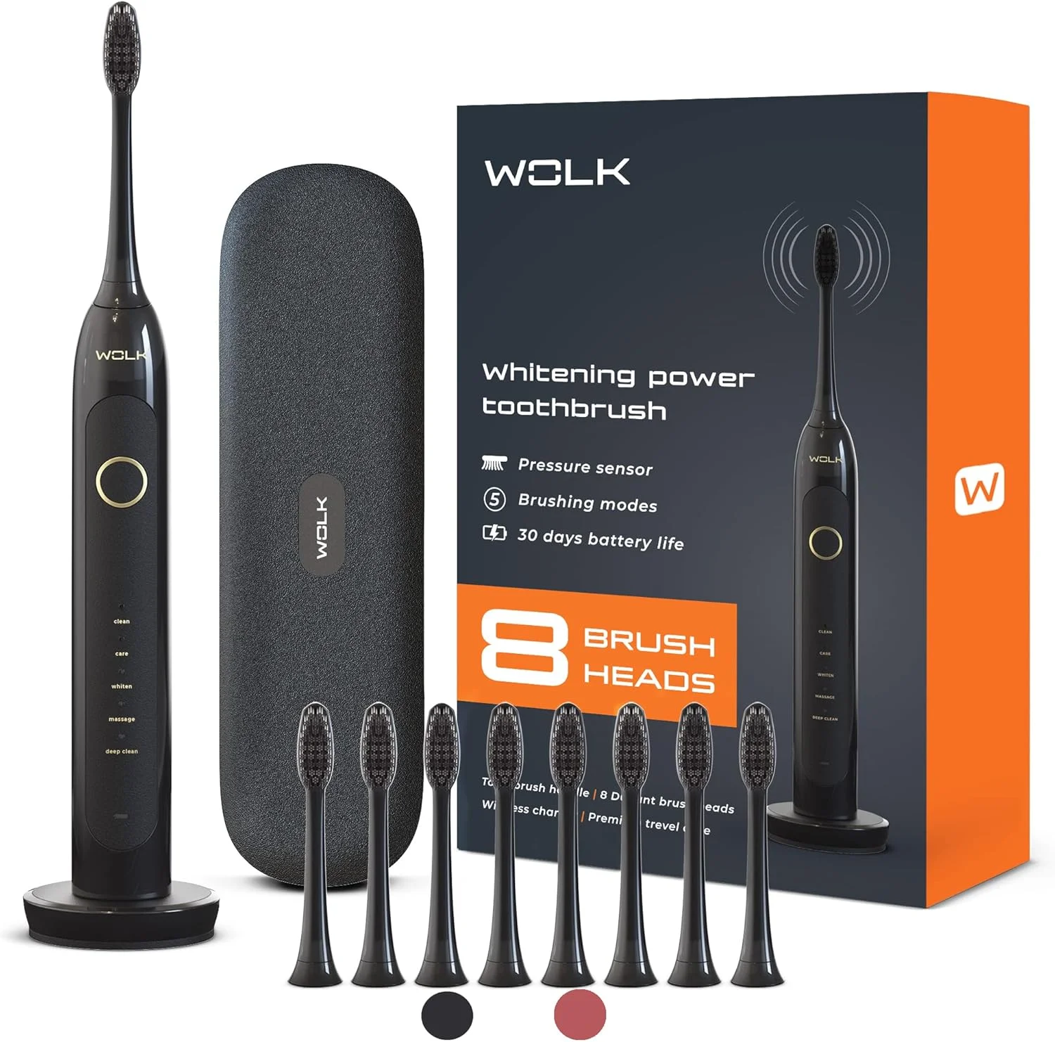مسواک برقی سفید کننده فوق العاده WOLK T6421 با حسگر فشار و 5 حالت مسواک زدن، 8 سر برس Dupont، کیف مسافرتی درجه یک، قابل شارژ.