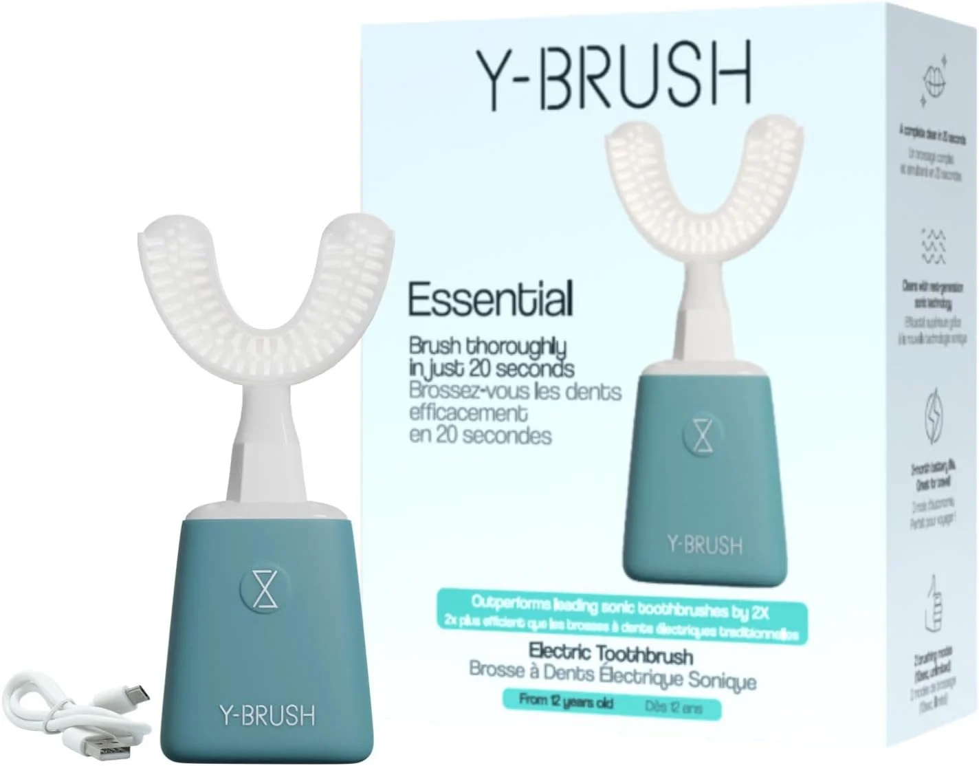 مسواک برقی صوتی Y-Brush Essential - عمر باتری 3 ماهه - 4 حالت لرزش - بسته ضروری بزرگسال (ضروری، بزرگسال (12-99 سال))