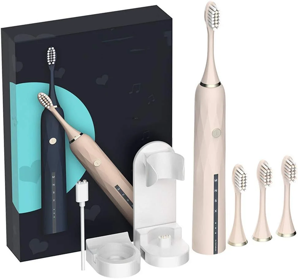 مسواک برقی صوتی XJZM، 4 حالت، 4 سر برس، شارژ سریع USB، منبع تغذیه، 1 ساعت شارژ، حداقل 30 روز استفاده (صورتی)
