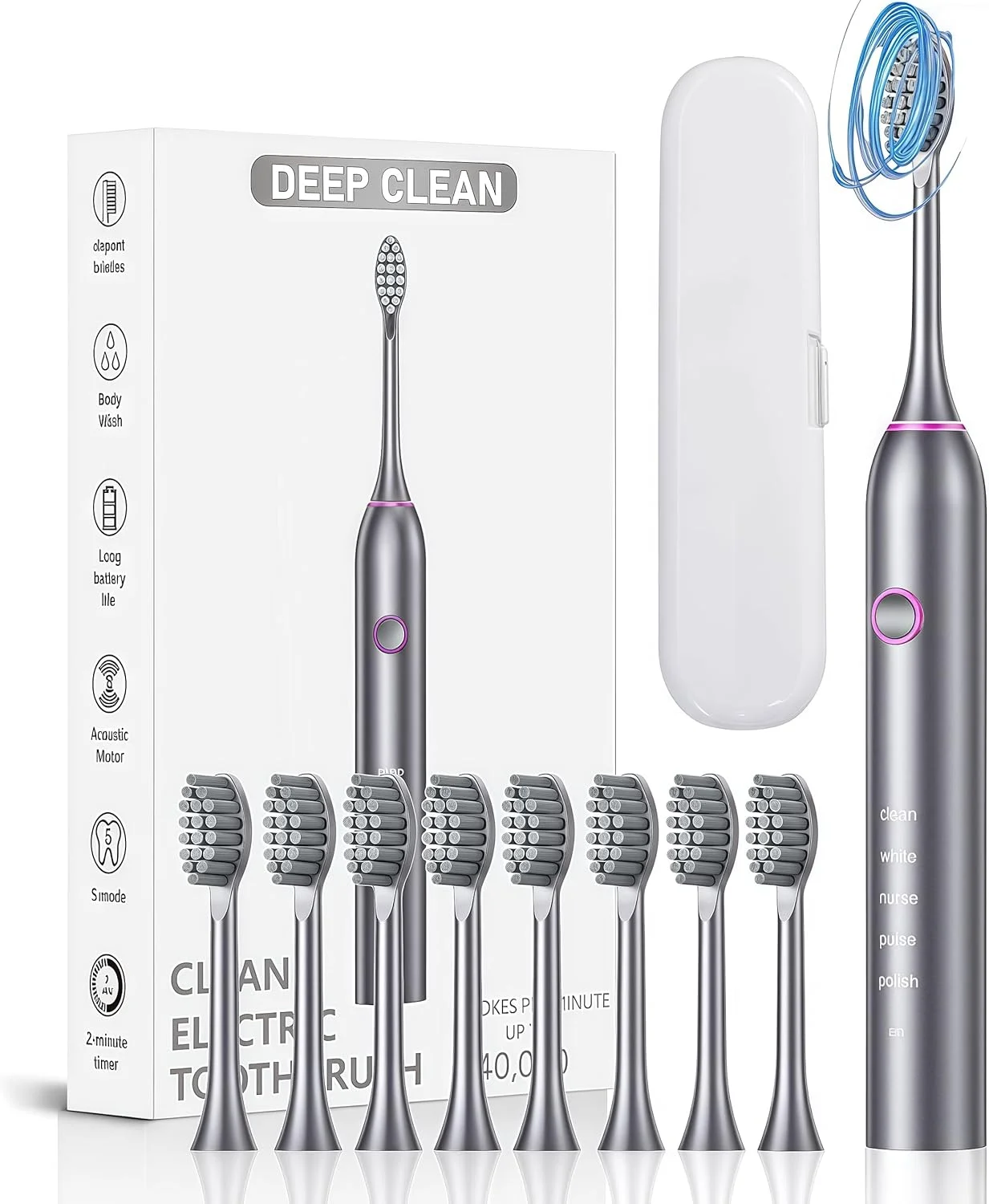 مسواک برقی با ۸ سری و کیف مسافرتی برای بزرگسالان و کودکان، مسواک برقی قابل حمل و شارژی، دارای ۵ حالت قابل تنظیم، تایمر هوشمند ۲ دقیقه‌ای