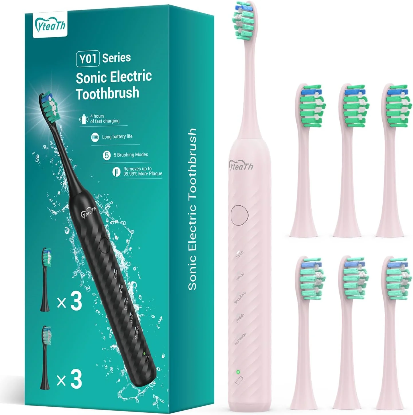 مسواک برقی بزرگسال YTEATH PRO با 6 سری مسواک، مسواک صوتی قابل شارژ، عمر باتری فوق العاده طولانی، 4 ساعت زمان شارژ و 180 روز استفاده، صورتی