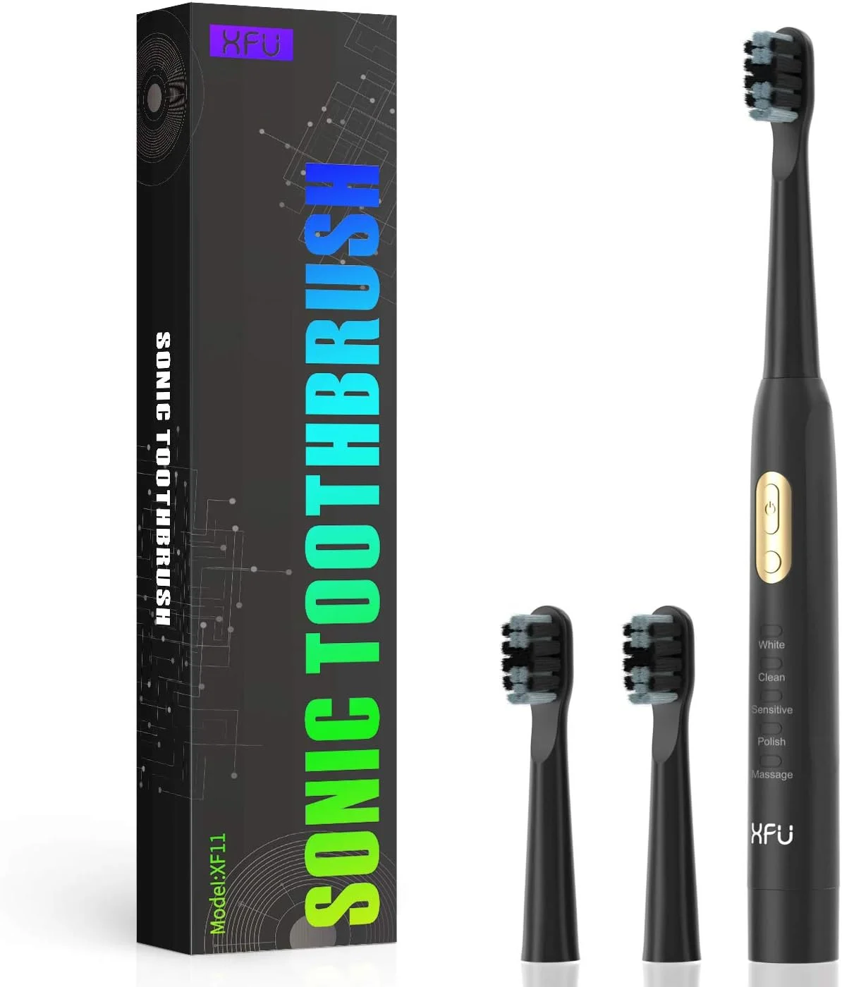 مسواک برقی صوتی برای بزرگسالان و کودکان، 3 سر برس Dupont، با 5 حالت و ضد آب IPX7، دارای تایمر 2 دقیقه ای داخلی 40000 VPM XF-2011 (مشکی)
