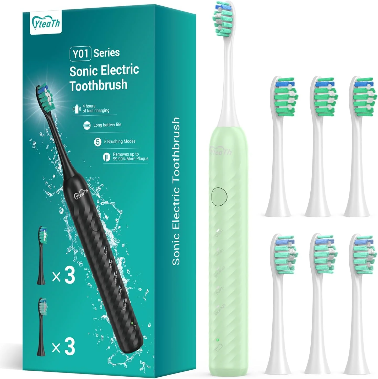 مسواک برقی بزرگسال YTEATH PRO با 6 سری مسواک، مسواک صوتی قابل شارژ، عمر باتری فوق العاده طولانی، 4 ساعت زمان شارژ و 180 روز استفاده، سبز روشن