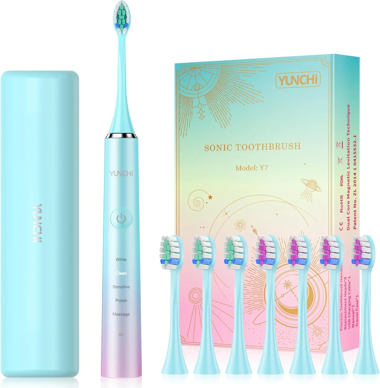 مسواک برقی بزرگسال YUNCHI، مسواک قابل شارژ USB، 4 ساعت شارژ تا 30 روز دوام می آورد، مسواک صوتی Y7 با 5 حالت و تایمر هوشمند 2 دقیقه ای (10 سر برس، سبز)