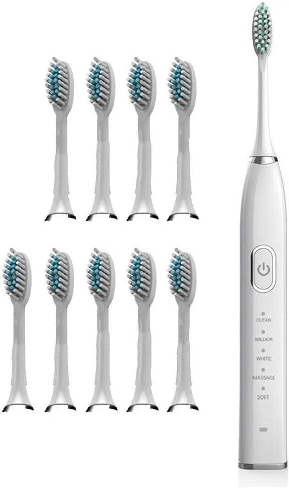 مسواک برقی شارژی YZJWCJ با 10 سری مسواک، یادآوری تغییر ناحیه و تایمر 2 دقیقه ای، سفید