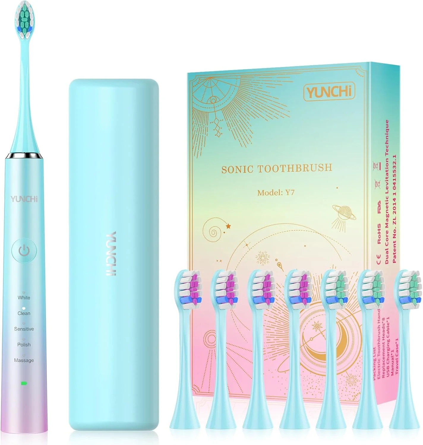 مسواک برقی یونچی مدل Y7، مناسب بزرگسالان و کودکان، مسواک صوتی قابل شارژ USB-C با 5 حالت و تایمر هوشمند 2 دقیقه ای، برس های نرم، 8 سری برس و کیف مسافرتی، آبی