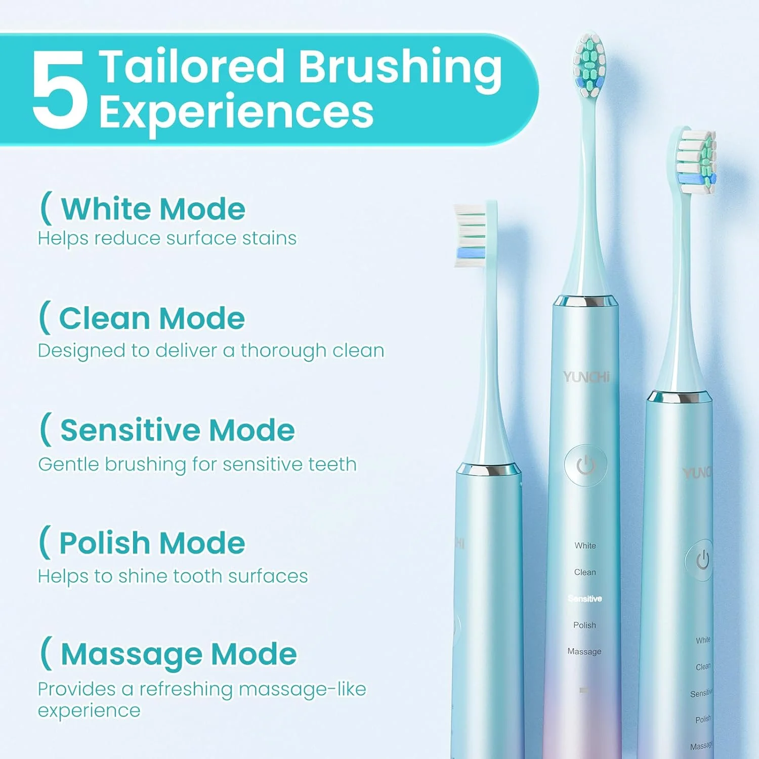 مسواک برقی بزرگسال YUNCHI، مسواک قابل شارژ USB، 4 ساعت شارژ تا 30 روز دوام می آورد، مسواک صوتی Y7 با 5 حالت و تایمر هوشمند 2 دقیقه ای (10 سر برس، سبز)
