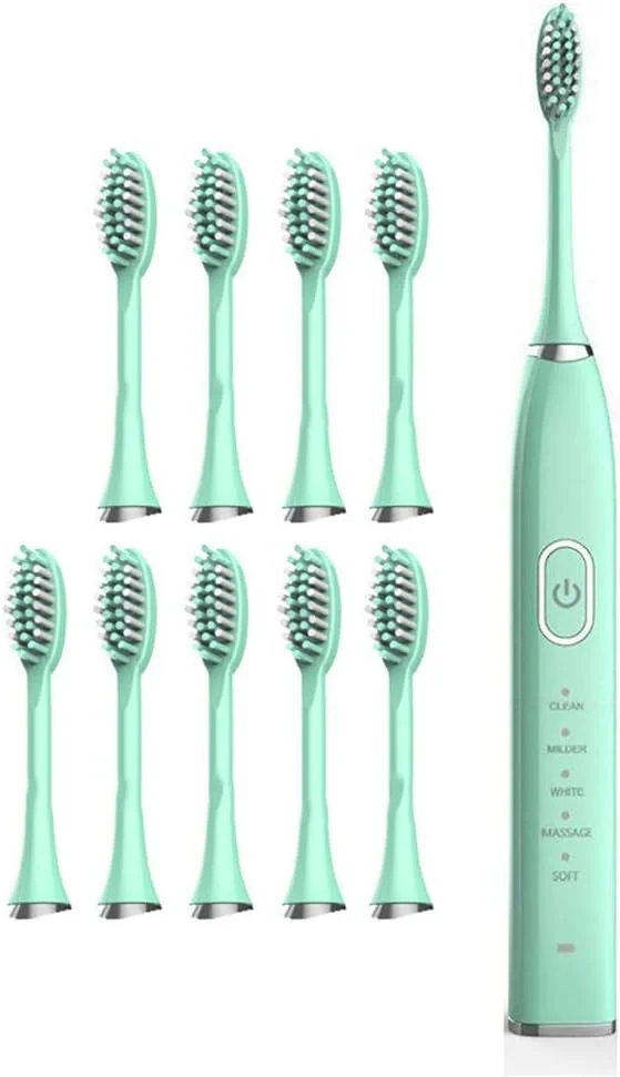 مسواک برقی شارژی YZJWCJ با 10 سری مسواک، یادآوری تغییر ناحیه و تایمر 2 دقیقه‌ای، سبز