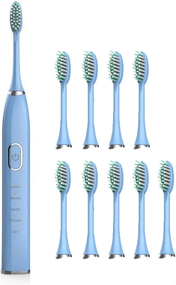 مسواک برقی شارژی YZJWCJ با 10 سری مسواک، یادآوری تغییر ناحیه و تایمر 2 دقیقه ای، آبی