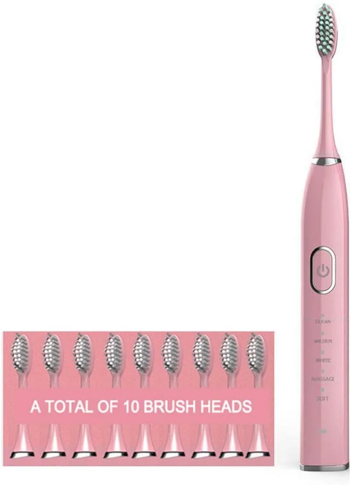 مسواک برقی شارژی YZJWCJ با 10 سری مسواک، یادآوری تغییر ناحیه و تایمر 2 دقیقه ای، صورتی