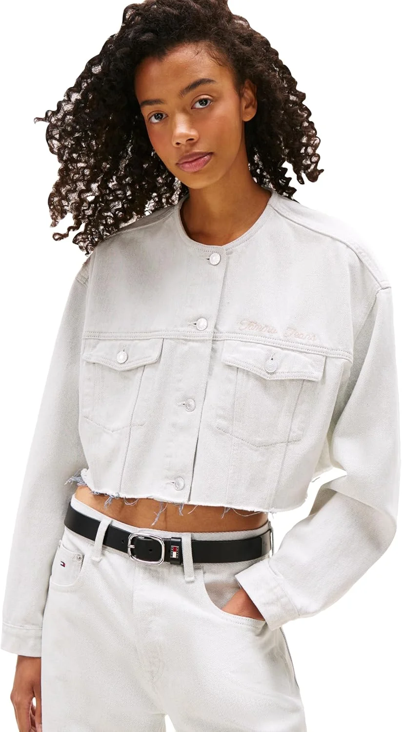 کت جین کوتاه زنانه تامی جینز بدون یقه و سبک