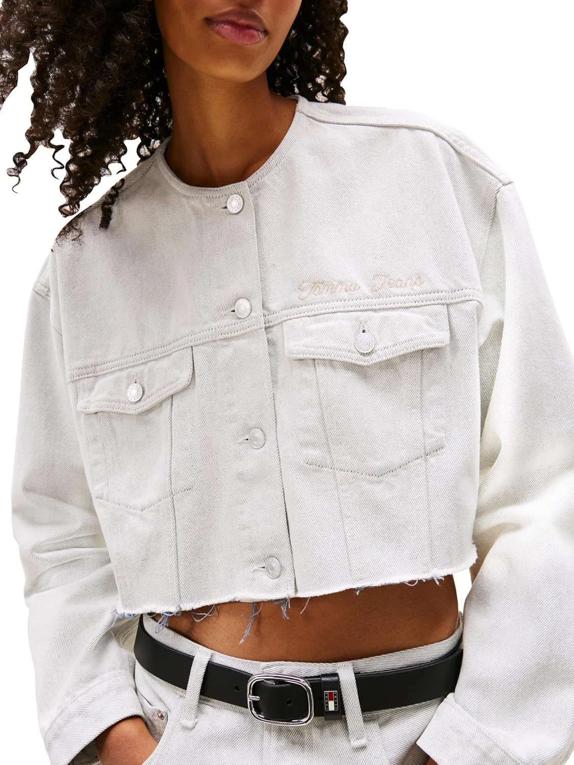 کت جین کوتاه زنانه تامی جینز بدون یقه و سبک