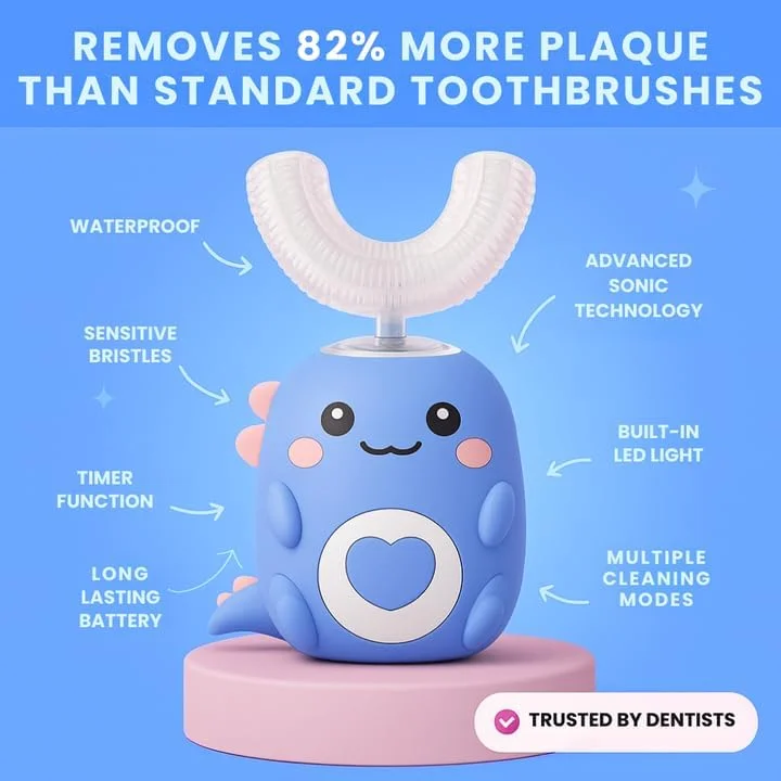 مسواک اولتراسونیک U شکل تادلا 360 درجه، مسواک برقی اولتراسونیک U شکل کودکانه با چراغ های LED، تمیز کننده 360 درجه دندان با 3 حالت، ضد آب Ipx7 (آبی)