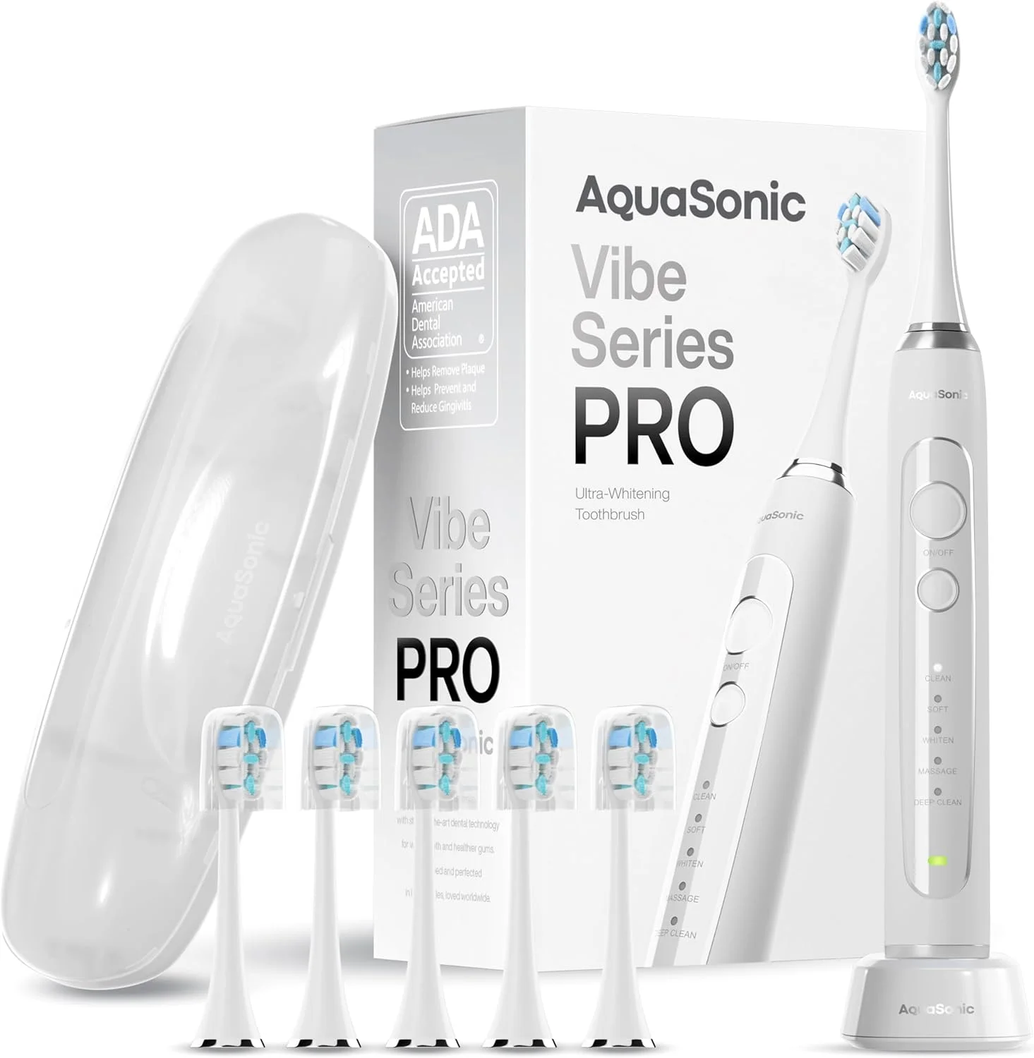 مسواک برقی فوق العاده سفید کننده سری Aquasonic Vibe PRO – 5 حالت و تایمرهای هوشمند – کیف مسافرتی ممتاز و 6 سر برس Proflex – مسواک مورد تایید ADA (سفید اپتیک)