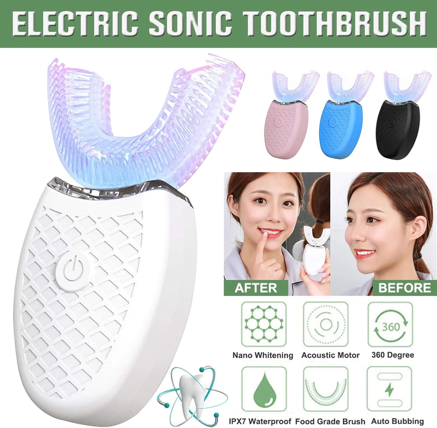 مسواک برقی اتوماتیک یونگلو، مسواک هوشمند برقی با نور آبی 360 درجه، مسواک U شکل، شارژ USB، سفید کننده دندان