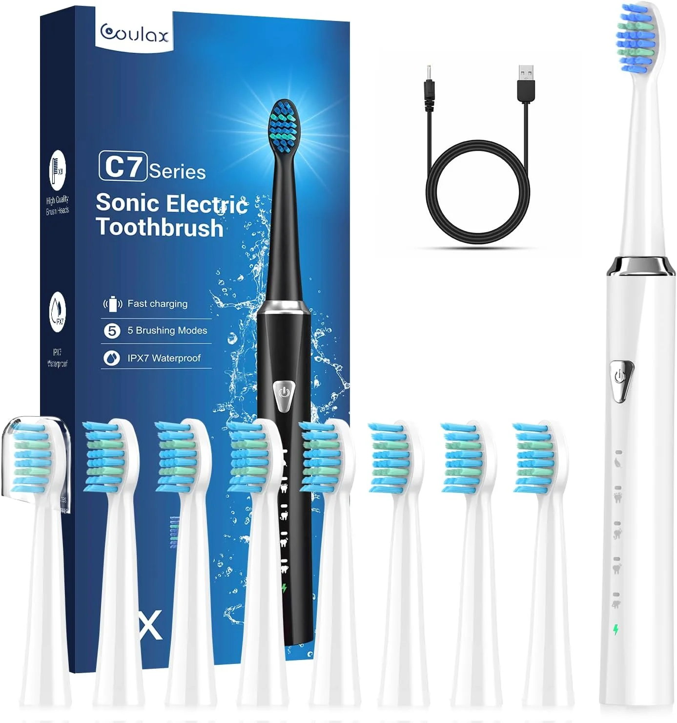 مسواک برقی COULAX برای بزرگسالان و کودکان - مسواک شارژی با 8 سری مسواک، 5 حالت تمیز کردن