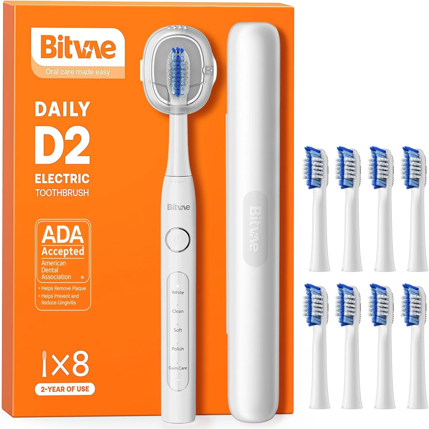 مسواک برقی Bitvae D2 برای بزرگسالان و کودکان، مسواک برقی مسافرتی با باتری قابل شارژ برای 60 روز، 8 سری مسواک، 5 حالت، نگهدارنده مسواک، سفید