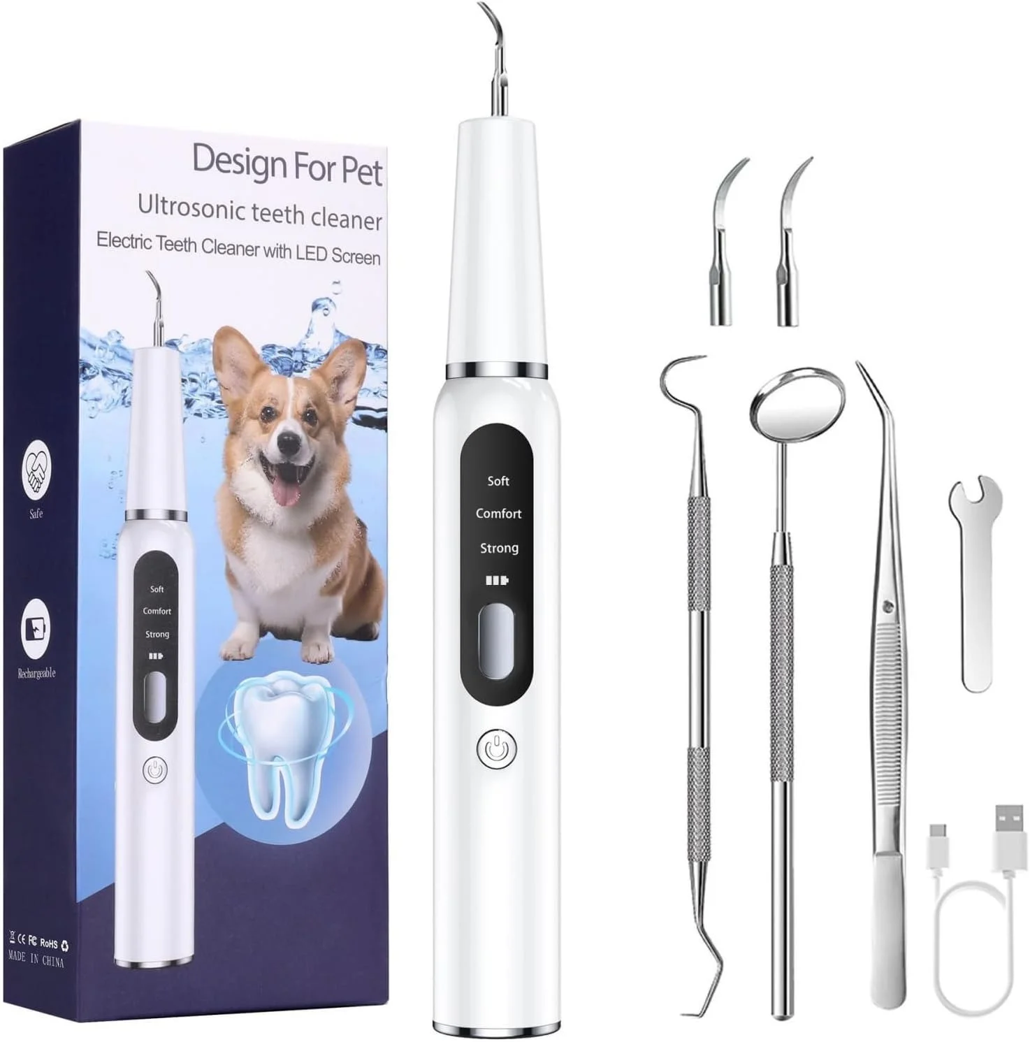کیت تمیز کننده دندان حیوانات خانگی، ابزار تمیز کننده دندان الکتریکی اولتراسونیک با صفحه نمایش LED، 3 حالت، ابزارهای حرفه ای