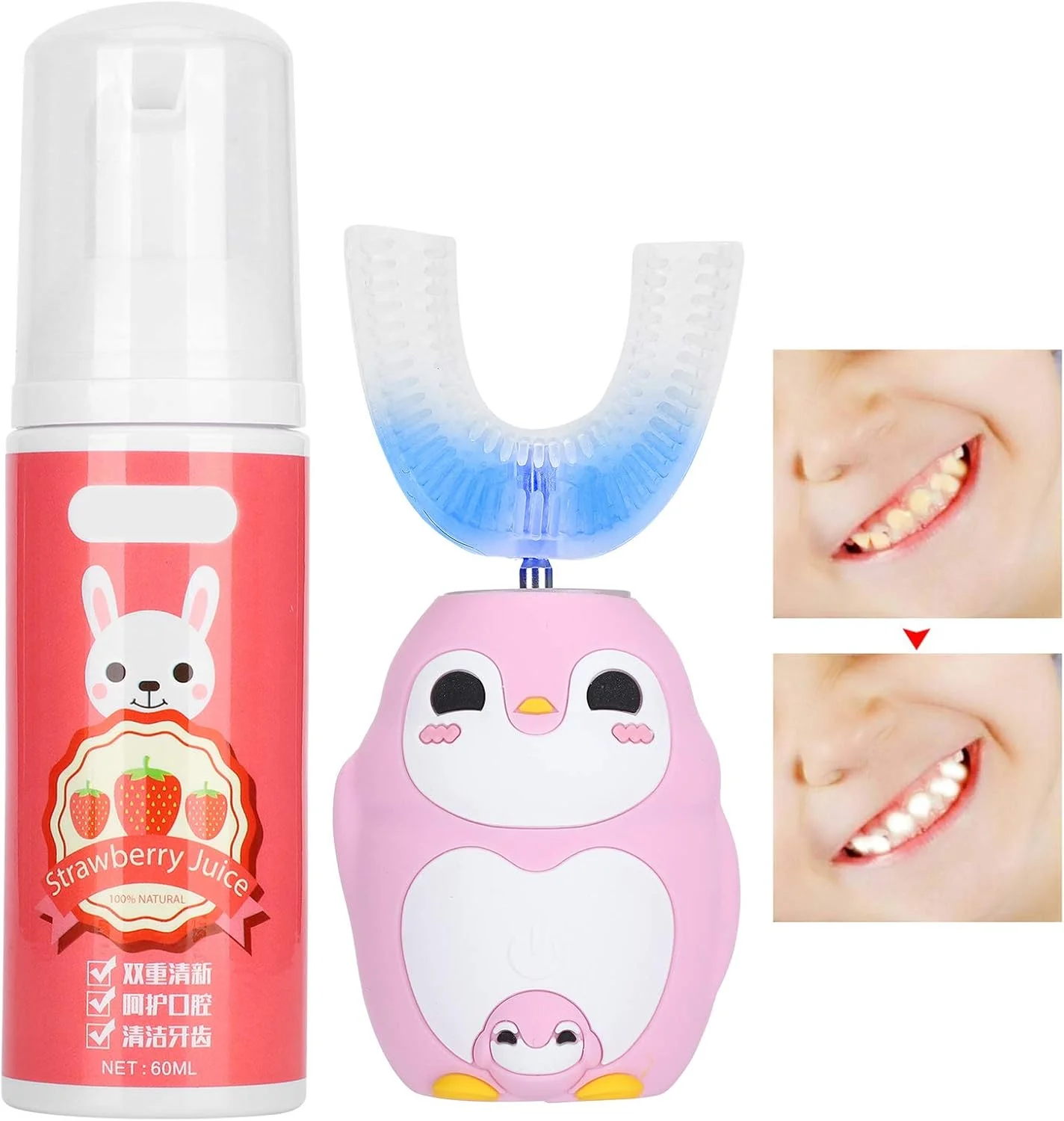 مسواک برقی کودکان، مسواک سر U شکل با فرکانس بالا و ضد آب IPX7، برای محافظت از دندان کودکان (صورتی)