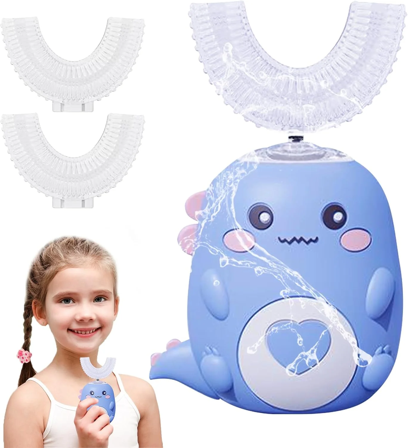 مسواک برقی 360 درجه کودکان برای 2 تا 12 سال، مسواک اولتراسونیک با 2 سر برس سیلیکونی U شکل، مسواک اتوماتیک با LED و ظاهر دایناسور برای پسران و دختران (آبی)