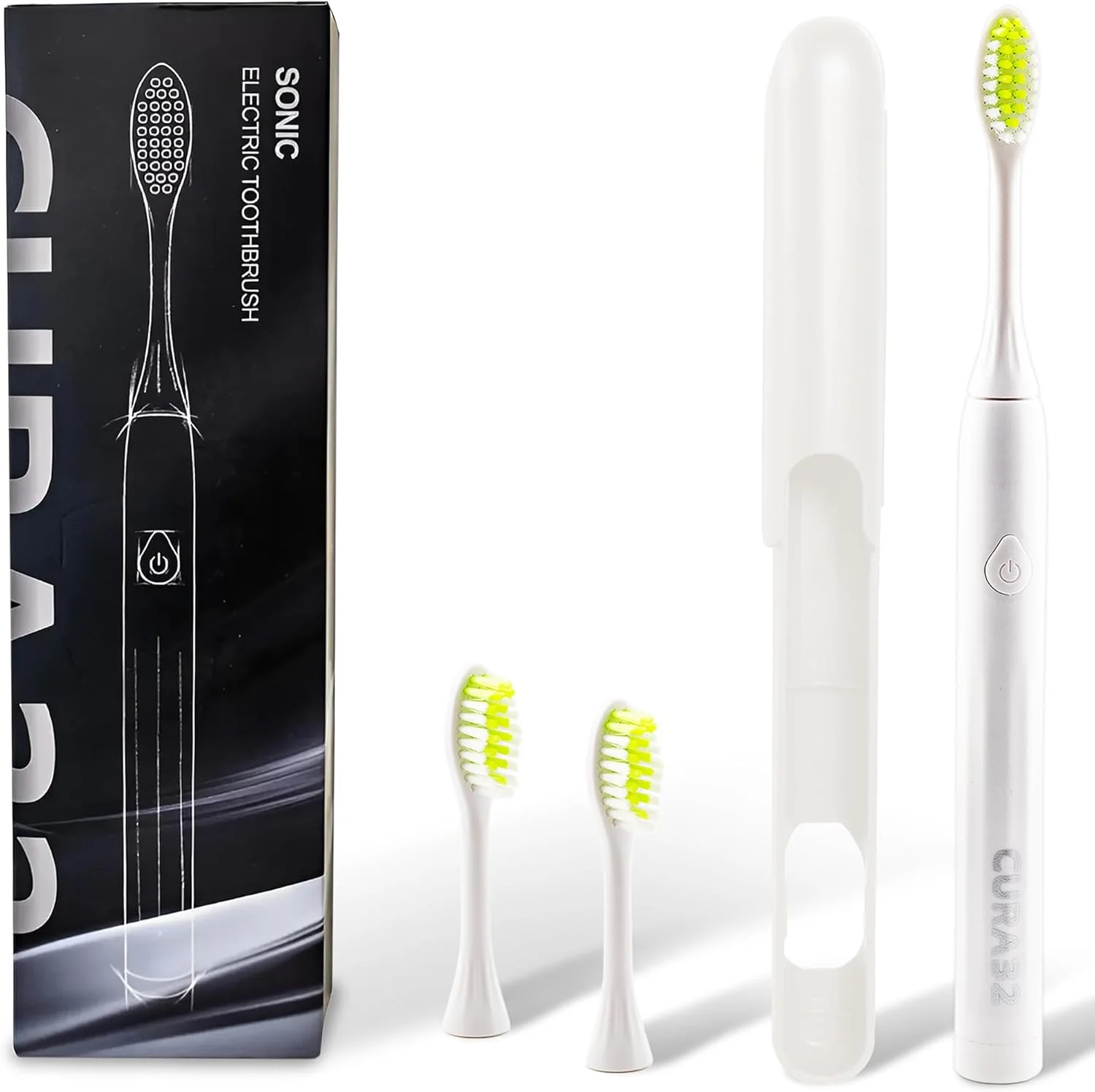 مسواک برقی CURA32 - مسواک التراسونیک ضد آب با ارتعاشات فرکانس بالا 37500 VPM، برس های نرم Dupont و تایمر 2 دقیقه ای - تمیز کردن عمیق دندان ها و لثه ها (سفید)