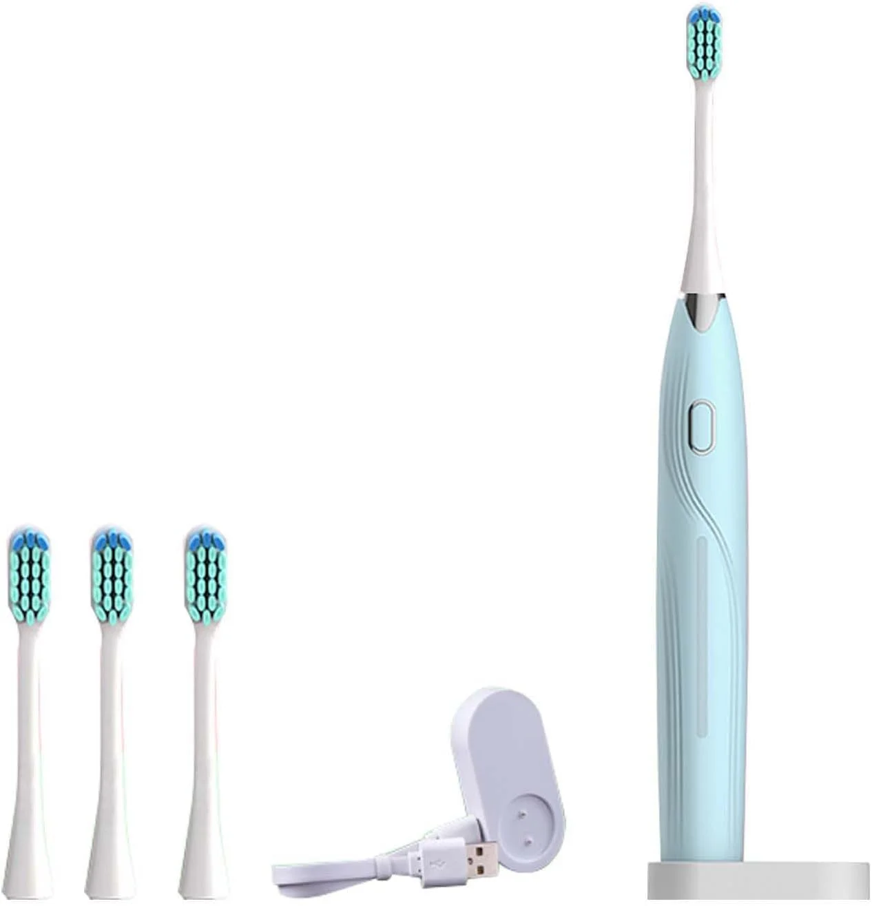 مسواک برقی سونیک، 5 حالت، قابل شارژ، تایمر 2 دقیقه ای، عمر طولانی 30 روزه، با 4 سر برس قابل تعویض (آبی)