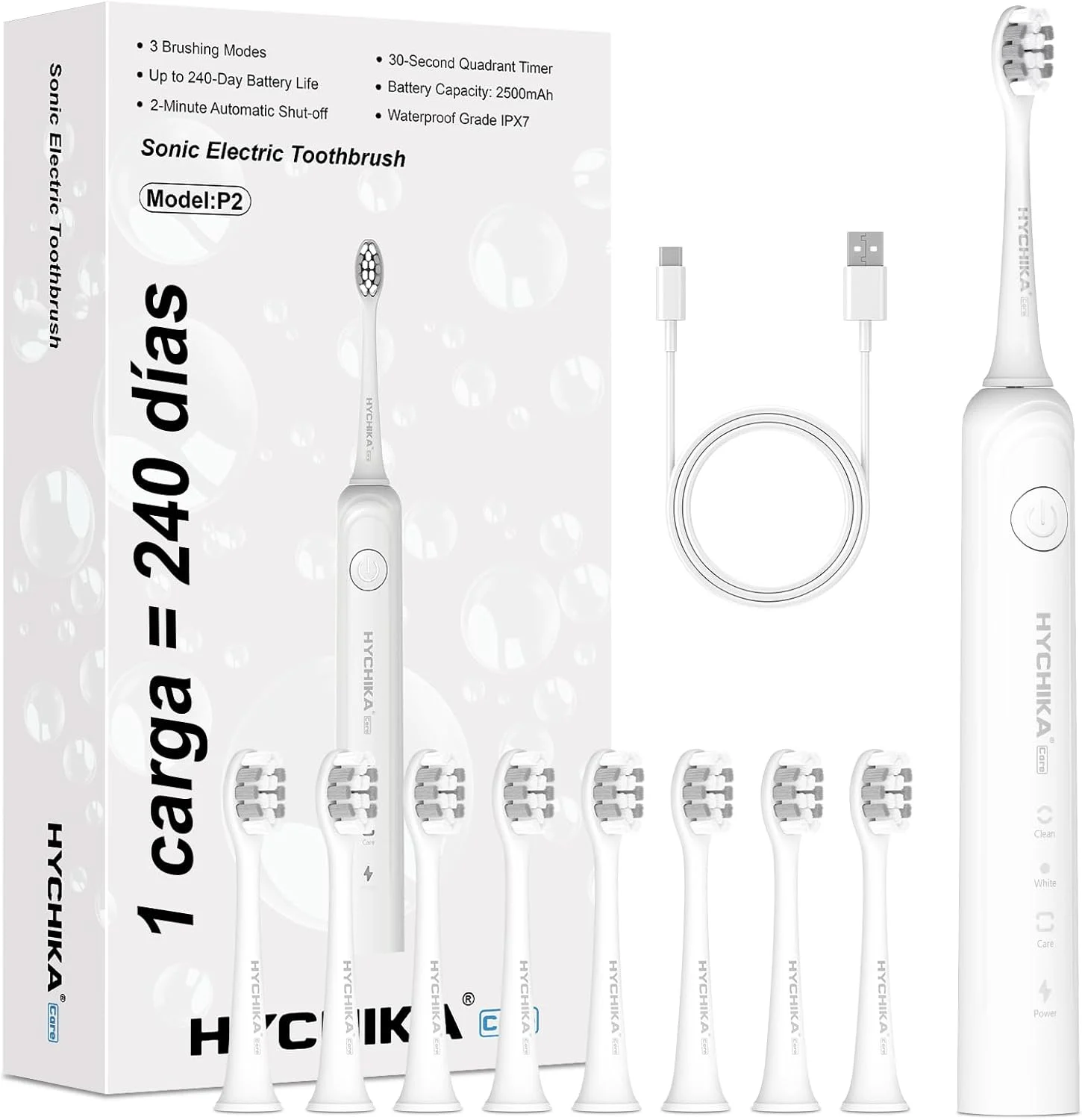 مسواک برقی با 240 روز عمر باتری برای بزرگسالان، 8 سری یدکی، مسواک برقی قابل شارژ، 3 حالت، تایمر 2 دقیقه ای، ضد آب IPX7، هدیه برای خانواده، سفید