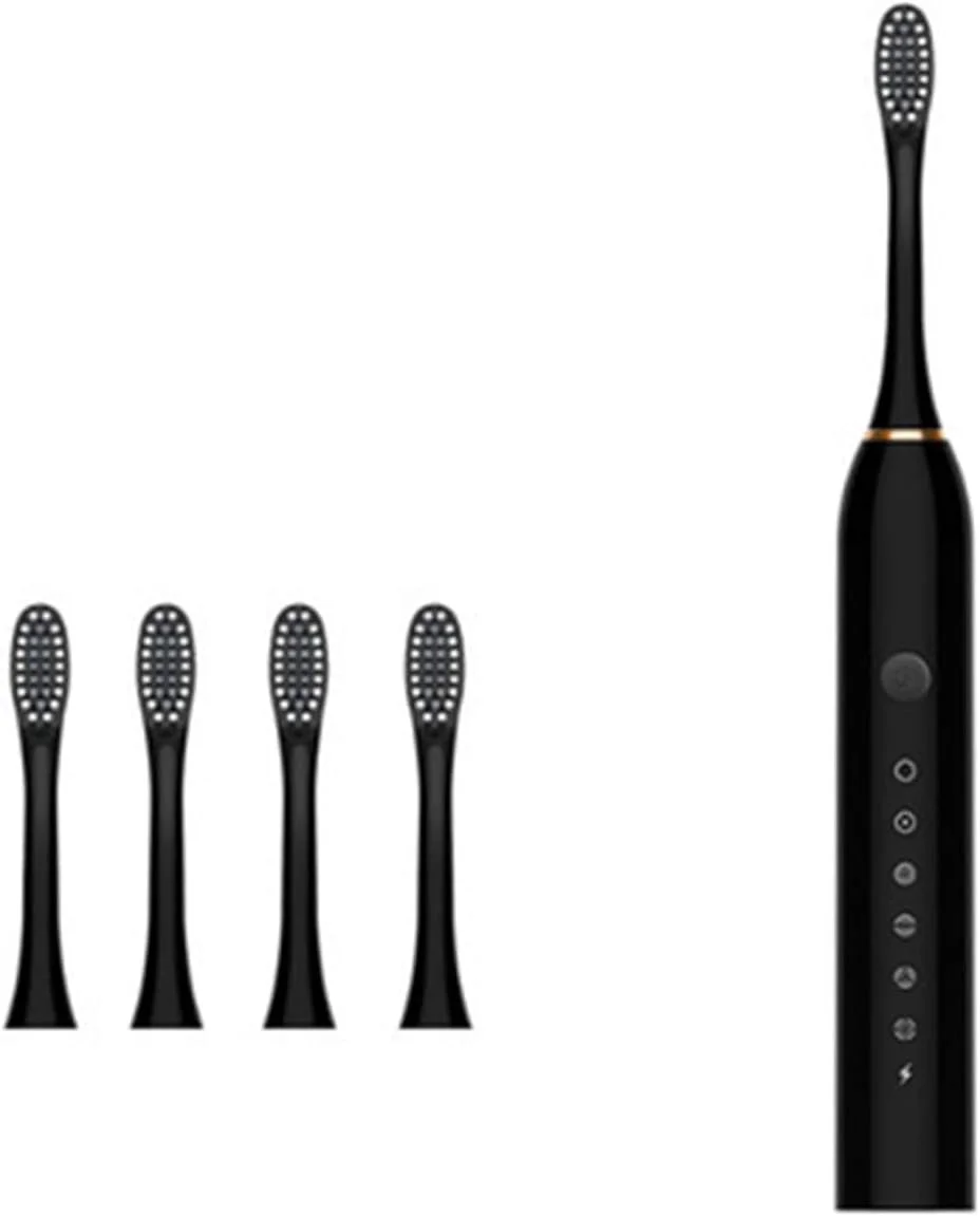 مسواک برقی با 5 سری و 6 حالت لرزش صوتی، مناسب بزرگسالان، شارژ USB، ضد آب - مشکی