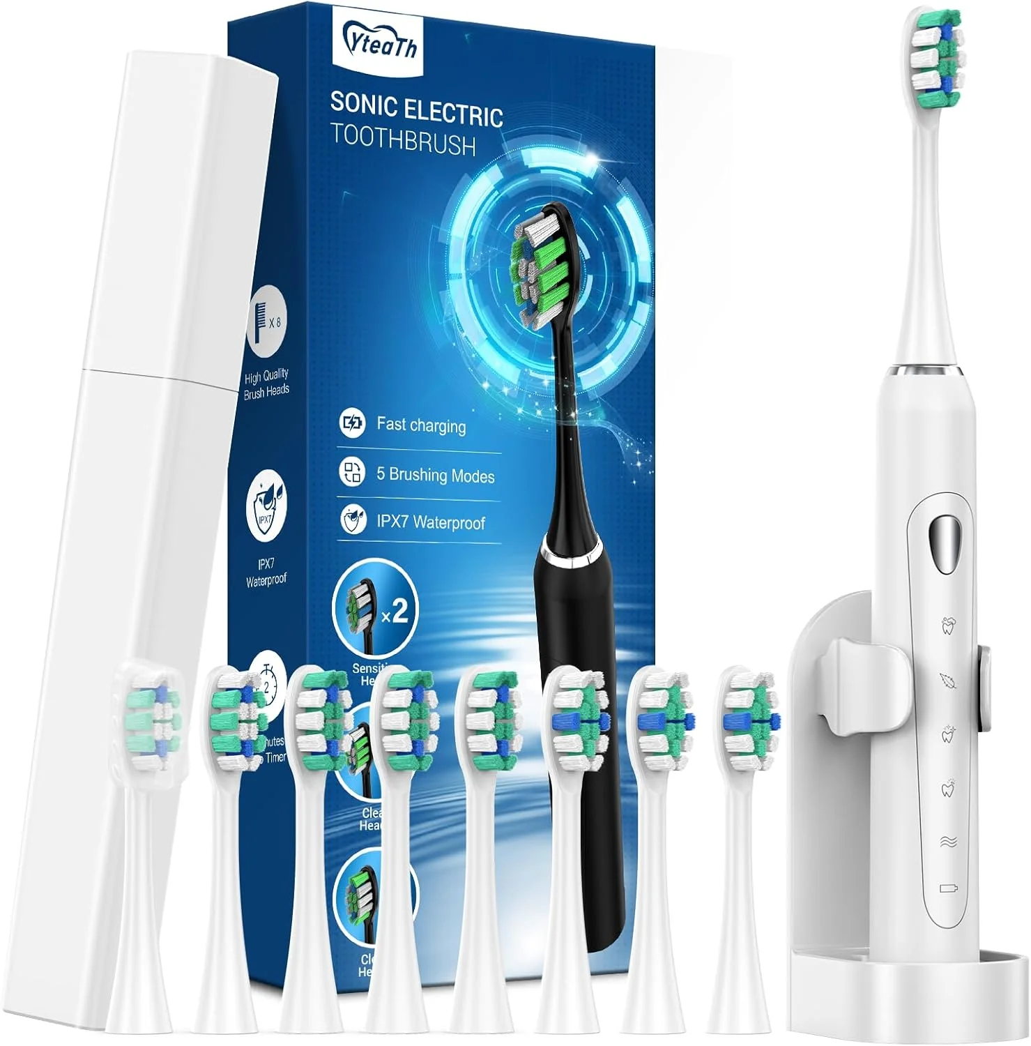 مسواک برقی، مسواک صوتی برای بزرگسالان و کودکان، مسواک برقی با 5 حالت، کیف مسافرتی، 40000 وی‌پی‌ام و 8 سری مسواک، 60 روز عمر باتری، تایمر (سفید گرم)