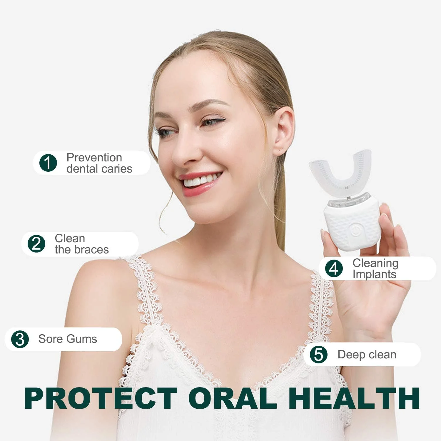 مسواک برقی U شکل، مسواک ماساژ سفید کننده اتوماتیک التراسونیک برای بزرگسالان و سالمندان با 3 حالت تمیز کردن (رنگ: سفید)