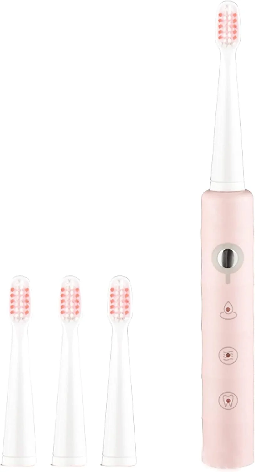 مسواک برقی شارژی جنریس، مسواک برقی بزرگسال اولتراسونیک، شارژی USB ضد آب با 4 سر برس جایگزین و 6 حالت (صورتی)