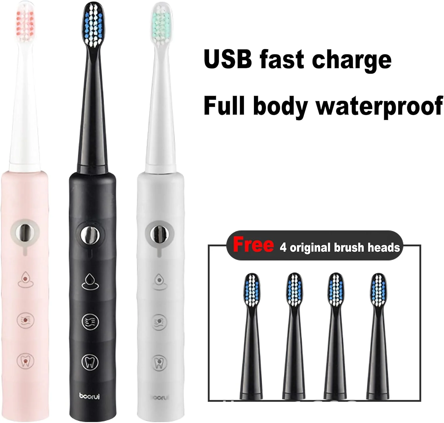 مسواک برقی شارژی جنریس، مسواک برقی بزرگسال اولتراسونیک، شارژی USB ضد آب با 4 سر برس جایگزین و 6 حالت (صورتی)