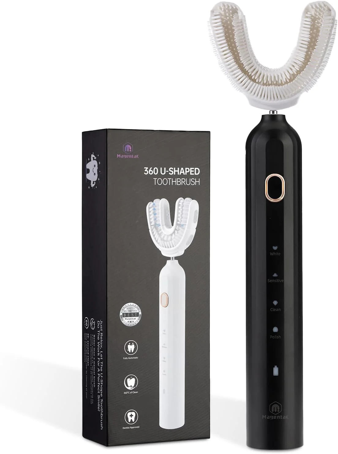 مسواک التراسونیک U شکل برای بزرگسالان، مسواک برقی برای سفید کردن دندان، اتوماتیک 360 درجه با استاندارد ضدآب IPX7، 4 حالت برای تمیز کردن (مشکی)