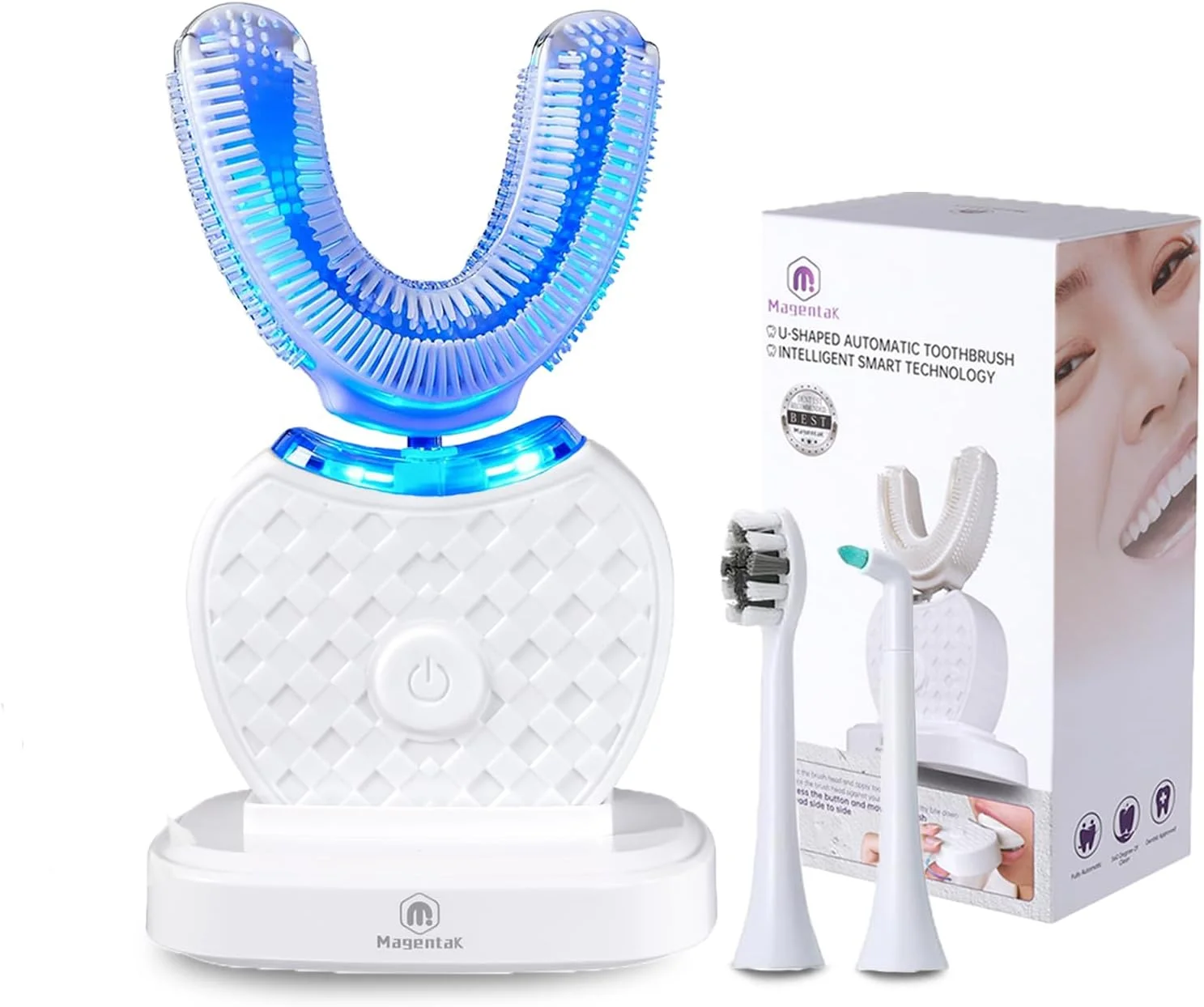 مسواک التراسونیک U شکل برای سفید کردن دندان، مسواک برقی اتوماتیک برای بزرگسالان، تمیز کردن 360 درجه، شارژ بی سیم و کیت ضد آب IPX7 برای مسافرت یا خانه (سفید)