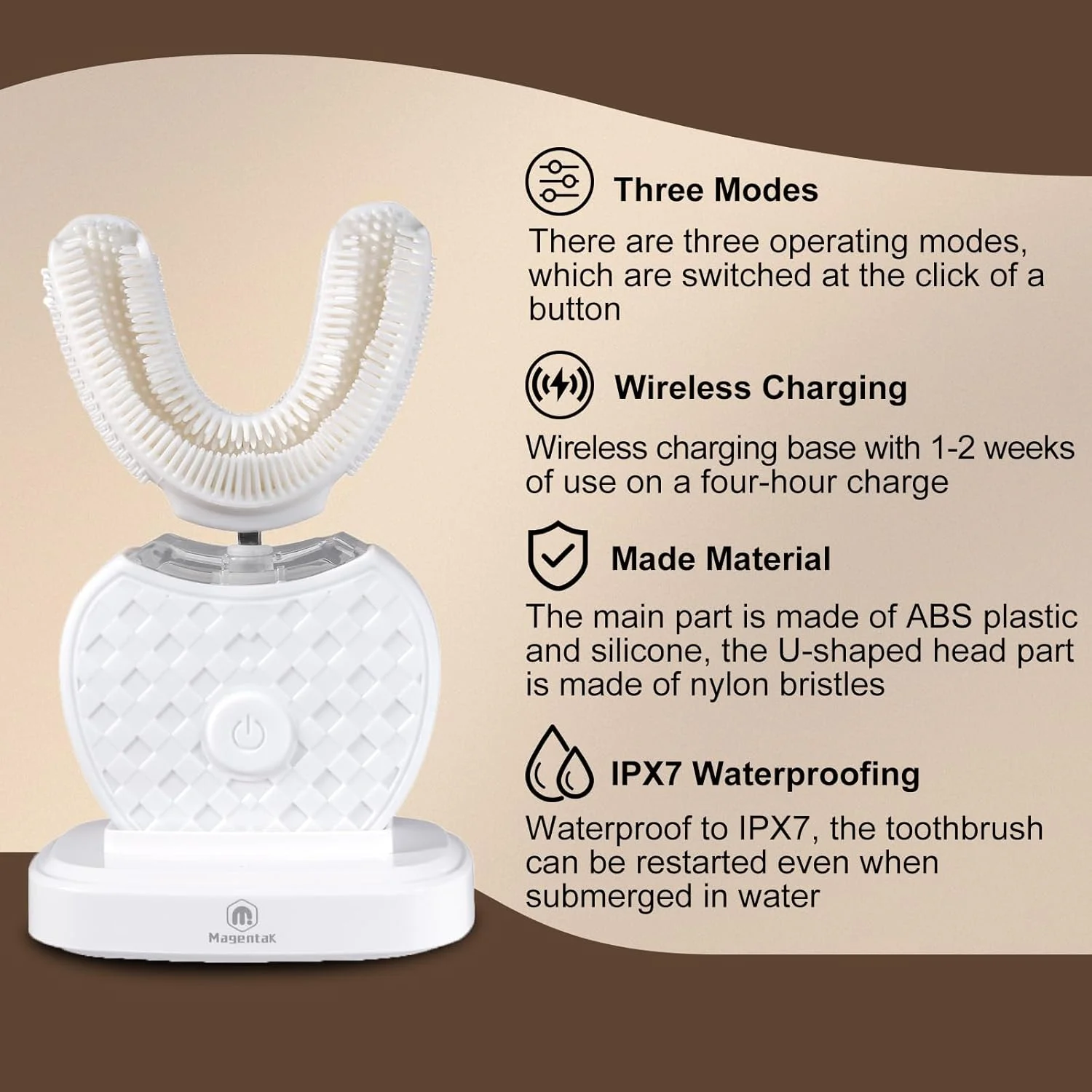 مسواک التراسونیک U شکل برای سفید کردن دندان، مسواک برقی اتوماتیک برای بزرگسالان، تمیز کردن 360 درجه، شارژ بی سیم و کیت ضد آب IPX7 برای مسافرت یا خانه (سفید)