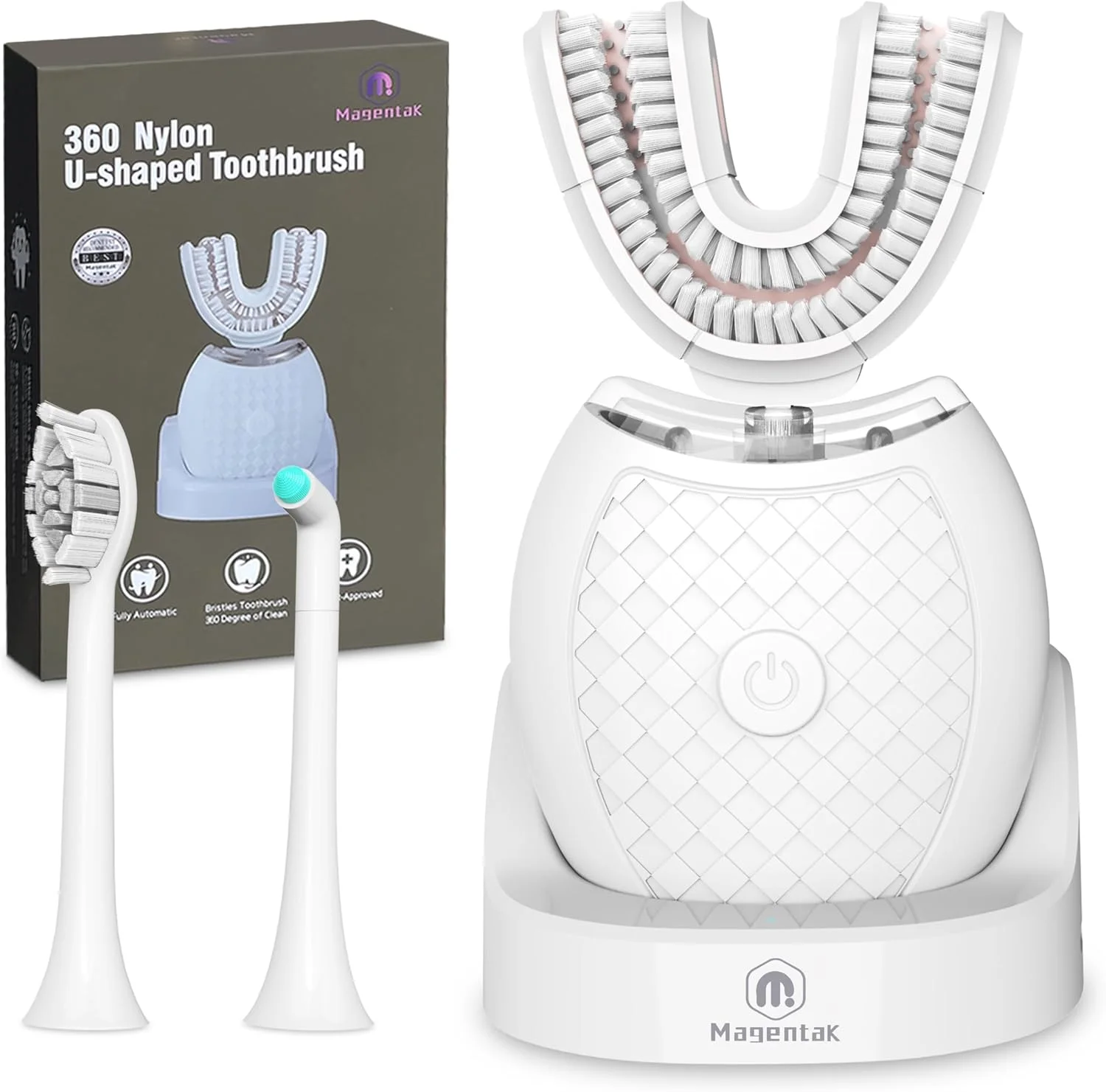 مسواک برقی U شکل Magentak برای بزرگسالان، تمیز کردن اتوماتیک 360 درجه، مسواک اولتراسونیک دارای 23760 برس نایلونی و 3 حالت استاندارد، سریع، فوق سریع (سفید)