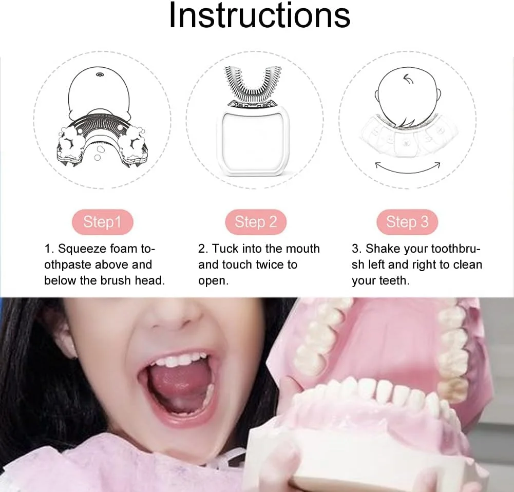 مسواک برقی کودکانه U شکل، مسواک برقی التراسونیک 360 درجه اتوماتیک، ابزار مراقبت از دهان و دندان برای کودکان و نوجوانان (سفید)