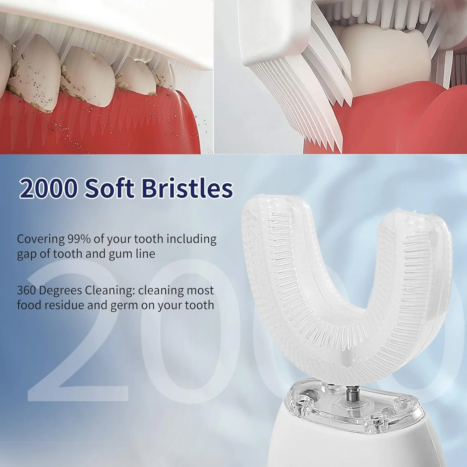 مسواک اولتراسونیک، مسواک برقی بزرگسال، مسواک صوتی، تمیز کننده 360 درجه دهان، شارژ بی سیم و چراغ LED | سر برس U شکل ضد آب IPX7 از لثه ها محافظت می کند