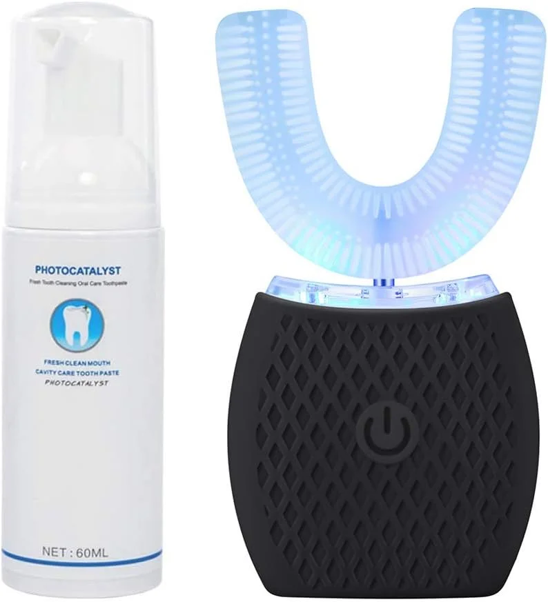 مسواک اتوماتیک التراسونیک Maybuy، مسواک های U شکل التراسونیک برای بزرگسالان، مسواک برقی صوتی 360 درجه با تایمر اتوماتیک، کیت مسواک شارژ بی سیم برای مسافرت یا خانه (مشکی)