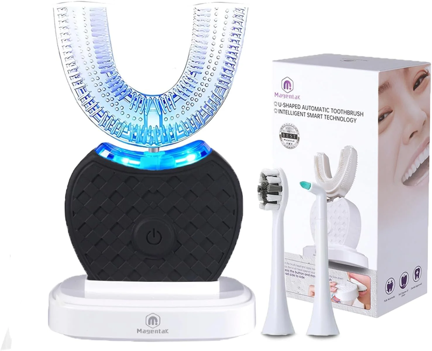 مسواک التراسونیک U شکل برای سفید کردن دندان، مسواک برقی اتوماتیک برای بزرگسالان، تمیز کردن 360 درجه، شارژ بی سیم و کیت ضد آب IPX7 برای مسافرت یا خانه (مشکی)