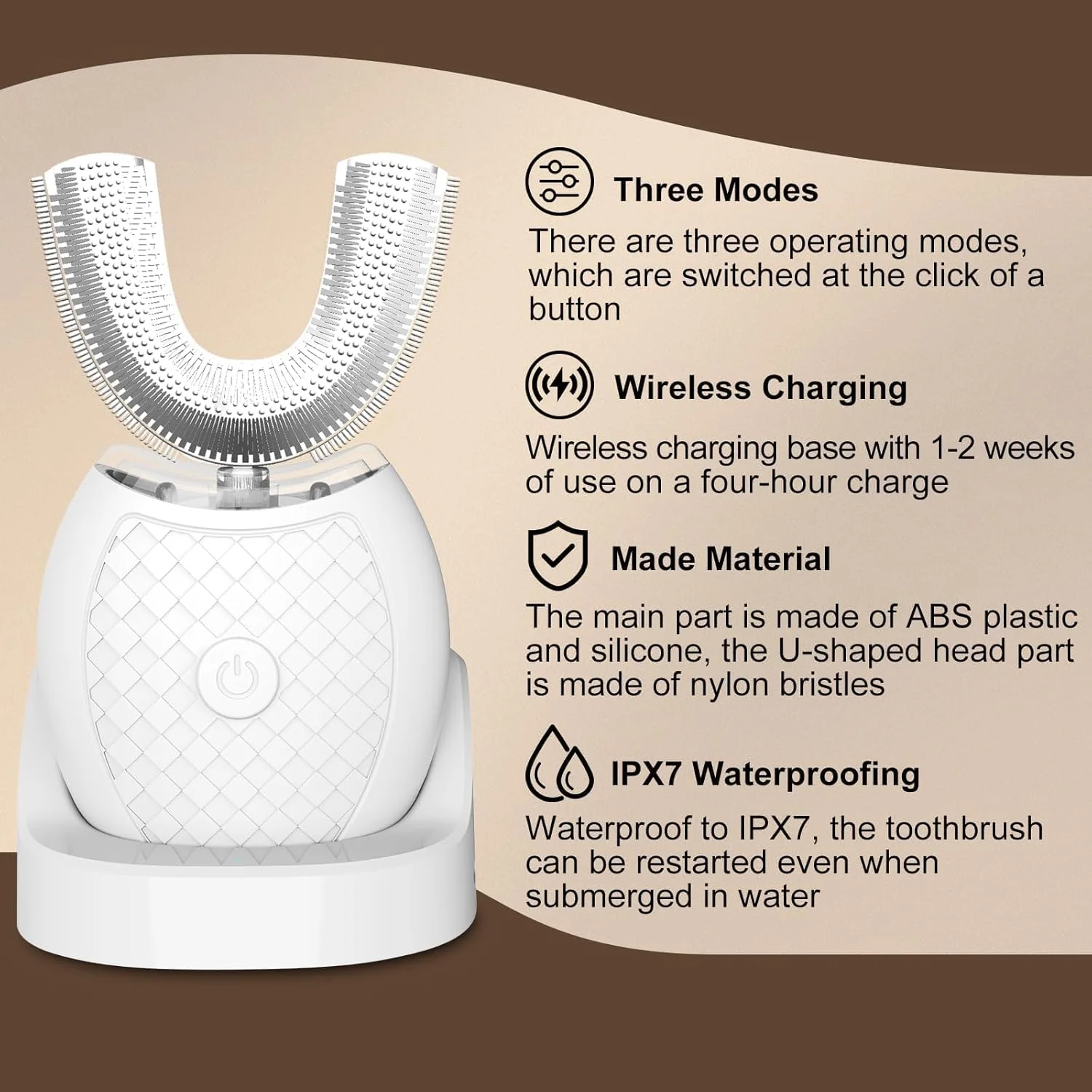 مسواک برقی اتوماتیک برای بزرگسالان، مسواک U شکل برای تمیز کردن 360 درجه، مسواک اولتراسونیک با 3 حالت برای سفید کردن، کیت مسواک شارژ بی سیم برای مسافرت یا خانه (سفید)