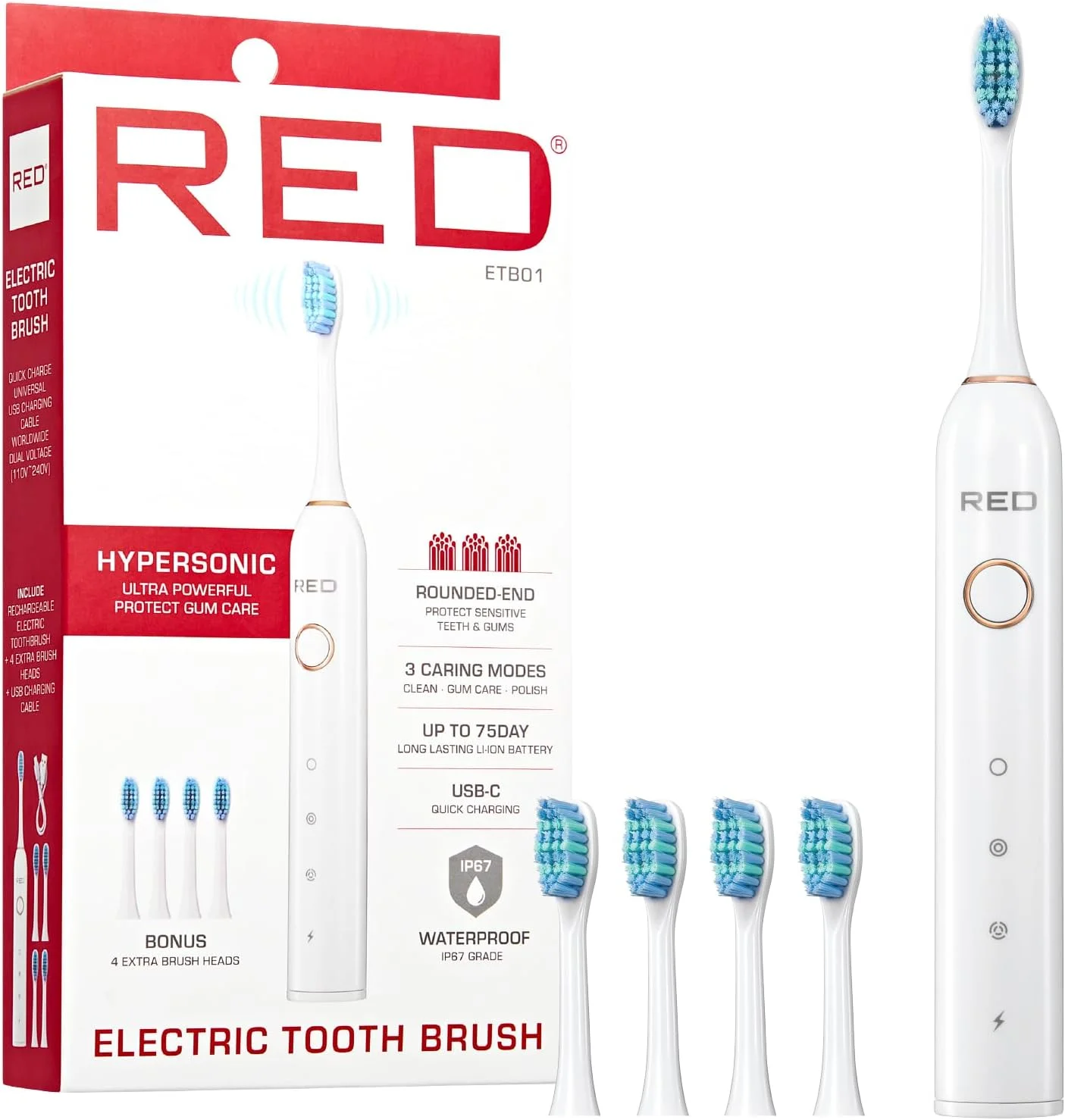 مسواک برقی فوق العاده قدرتمند هایپرسونیک Red by Kiss - دارای 3 حالت تمیز کردن، محافظت از لثه، باتری 75 روزه، شارژ سریع USB-C، ضد آب IP67 به همراه ست سری اضافی (سفید)