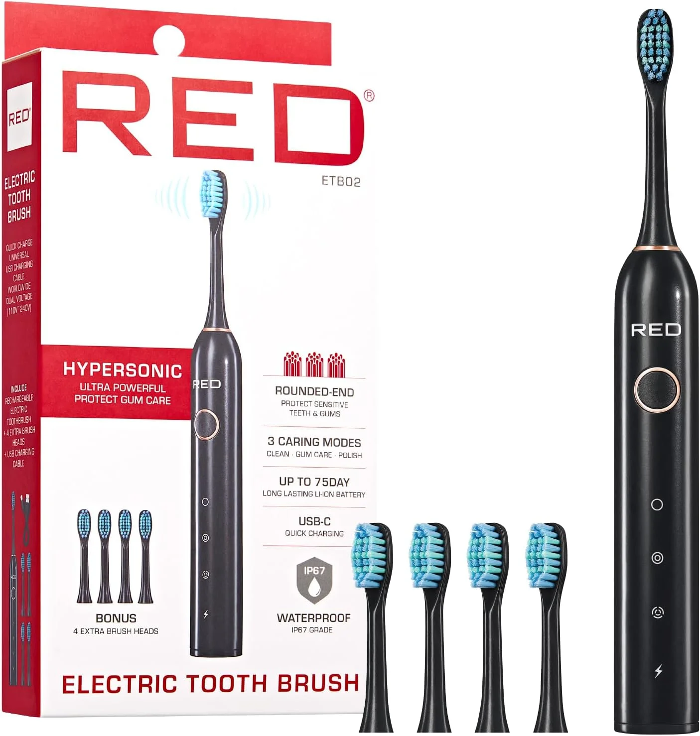 مسواک برقی فوق العاده قدرتمند هایپرسونیک Red by Kiss - دارای 3 حالت تمیز کردن، محافظت از لثه، باتری 75 روزه، شارژ سریع USB-C، ضد آب IP67، به همراه ست سری اضافی (مشکی)