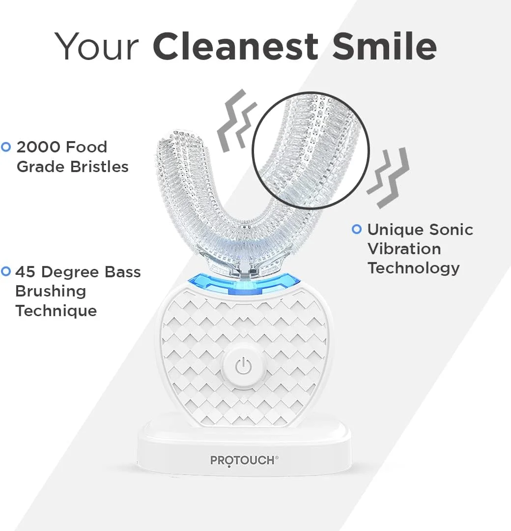 مسواک اولتراسونیک پروتوچ پروتیث برای بزرگسالان | U شکل، پاک کننده 360 درجه دهان و سفید کننده دندان | برس های نرم و نور آبی ال ای دی | 3 حالت | قابل حمل و شارژ | مردانه و زنانه