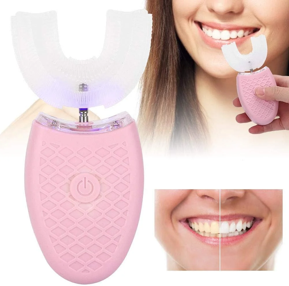 مسواک برقی صوتی اتوماتیک تمیز کننده دندان مدل U شکل TARSHYRY، ابزار مراقبت از دهان با سر برس سیلیکونی با درجه غذایی (صورتی)