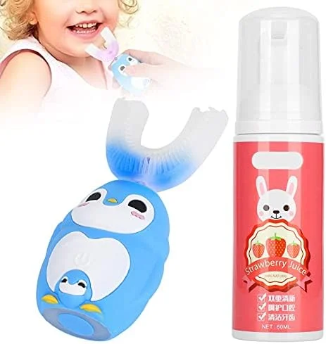 مسواک برقی التراسونیک U شکل، سر برس سیلیکا ژل نرم، مسواک کارتونی با 3 حالت و فوم تمیز کننده 60 میلی لیتری